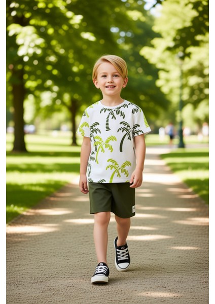 Erkek Çocuk Tropikal Desenli Pamuklu T Shirt ve Şort Takımı Kaliteli Şık Rahat modelleri