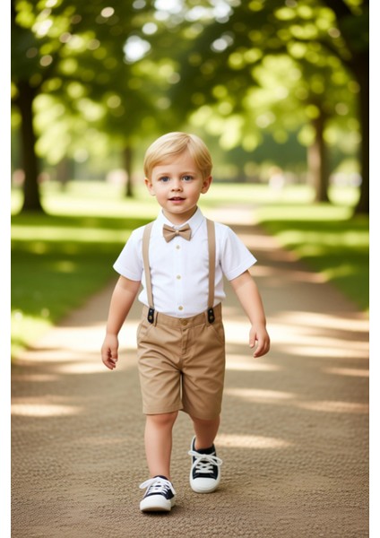 Erkek Çocuk Şık Gömlek ve Şort Kombinasyonu Aksesuarlı 3 Parça Set Kaliteli Şık Rahat