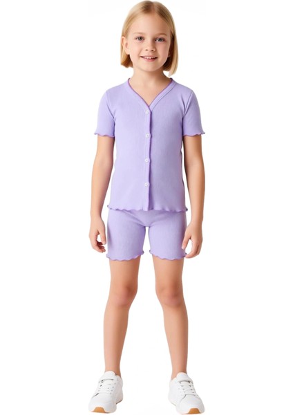 Kız Çocuk V Yaka Düz Örme Kısa Kollu Üst ve Şort Takımı Kaliteli Şık Rahat Günlük fiyatları