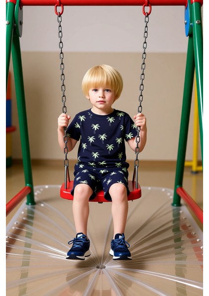 Erkek Çocuk Tropikal Baskılı Örme Pijama Takımı Tişört ve Şort Kaliteli Şık Rahat