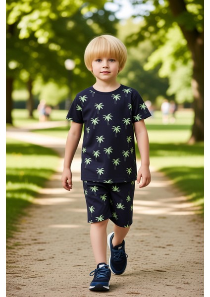 Erkek Çocuk Tropikal Baskılı Örme Pijama Takımı Tişört ve Şort Kaliteli Şık Rahat modelleri
