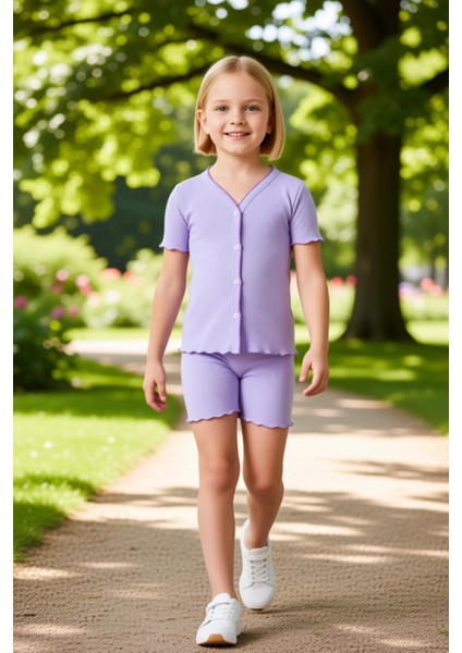 Kız Çocuk V Yaka Düz Örme Kısa Kollu Üst ve Şort Takımı Kaliteli Şık Rahat Günlük