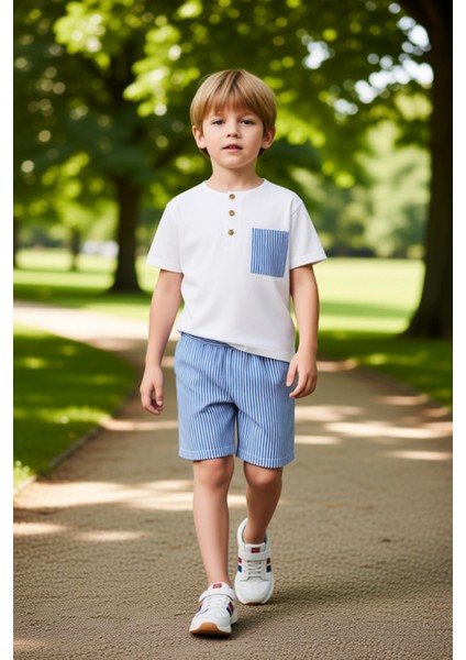 Erkek Çocuk Bisiklet Yaka Cep Detaylı Örme T Shirt ve Şort Takımı Kaliteli Şık Rahat