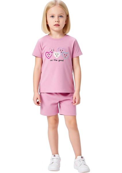 Kız Çocuk %100 Pamuklu Nakışlı Kalp Baskılı Kısa Kollu Üst ve Şort Takımı Kaliteli Şık Rahat fiyatları