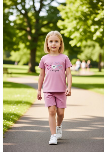 Kız Çocuk %100 Pamuklu Nakışlı Kalp Baskılı Kısa Kollu Üst ve Şort Takımı Kaliteli Şık Rahat modelleri