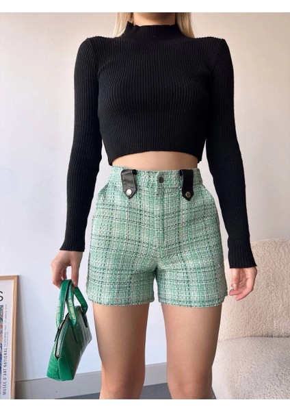 Çıtçıtlı Siyah Köprü Tüvit Şort Yeşil modelleri