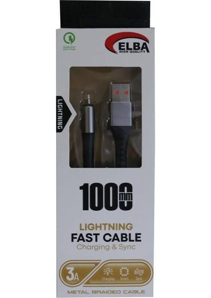 ELB27-IOS 1mt iPhone Lightning 3A Hızlı Şarj Hasırlı Şarj Kablosu Beyaz