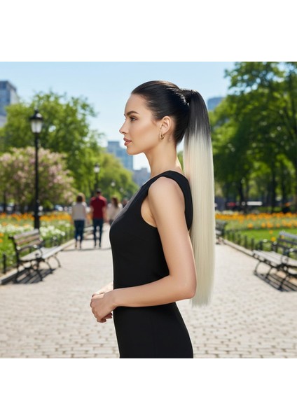 Lastik Tokalı At Kuyruğu Düz / Siyah / Platin Ombre