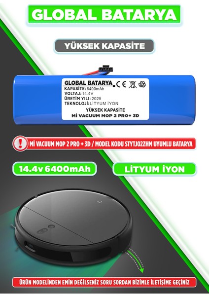 Xiaomi Mi Vacuum Mop 2 Pro Plus 3D Uyumlu Akıllı Robot Süpürge Batarya 14.4V 6400MAH Li-Ion Pil (Yüksek Kapasite))