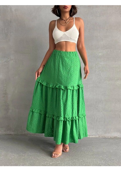 Fırfırlı Brodeli Astarlı Uzun Etek Yeşil S255047 indirimleri