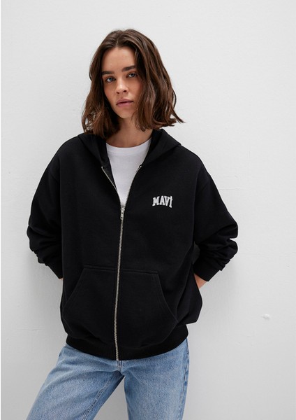 Mavi Logo Baskılı Kapüşonlu Fermuarlı Siyah Sweatshirt 1S10178-900