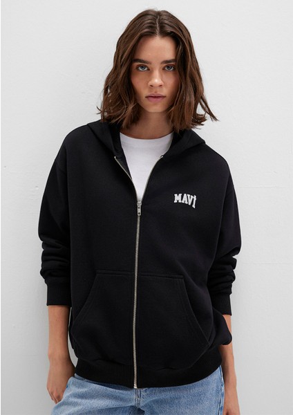 Mavi Logo Baskılı Kapüşonlu Fermuarlı Siyah Sweatshirt 1S10178-900