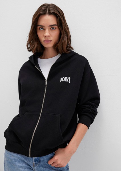Mavi Logo Baskılı Kapüşonlu Fermuarlı Siyah Sweatshirt 1S10178-900