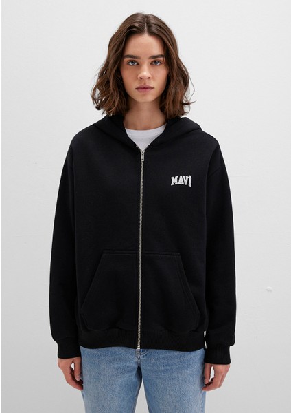 Mavi Logo Baskılı Kapüşonlu Fermuarlı Siyah Sweatshirt 1S10178-900