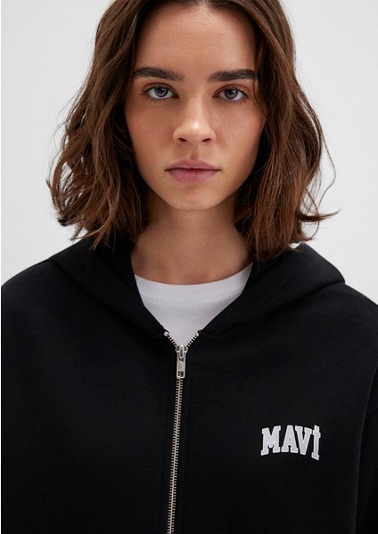 Mavi Logo Baskılı Kapüşonlu Fermuarlı Siyah Sweatshirt 1S10178-900