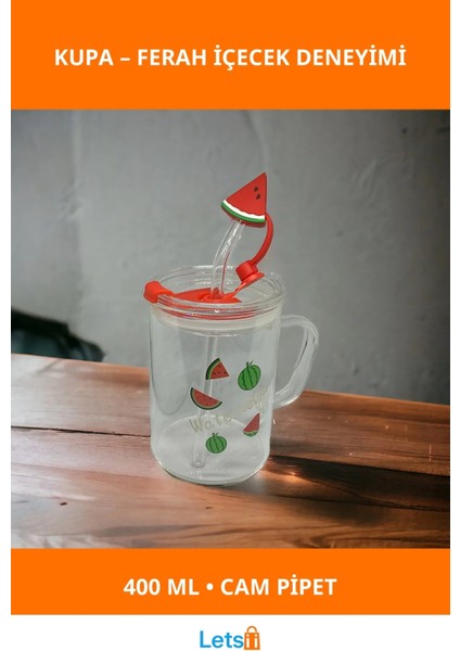 Karpuz Tasarımlı Cam Pipetli Şık Kupa Bardak 400 ml