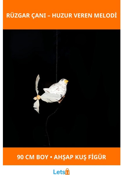 Ahşap Kuş Figürlü Rüzgar Çanı 90 cm Dekoratif Bahçe Aksesuarı