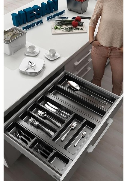 Mutfak Çekmece Içi Düzenleyici, Kaşıklık 64CM x 48CM Yanlar ve Boydan 4cm Kesilebilir, Antrasit