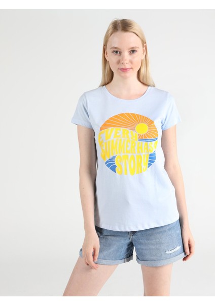 Regular Fit Bisiklet Yaka Örme Kadın Mavi Kısa Kol Tişört CL1051374