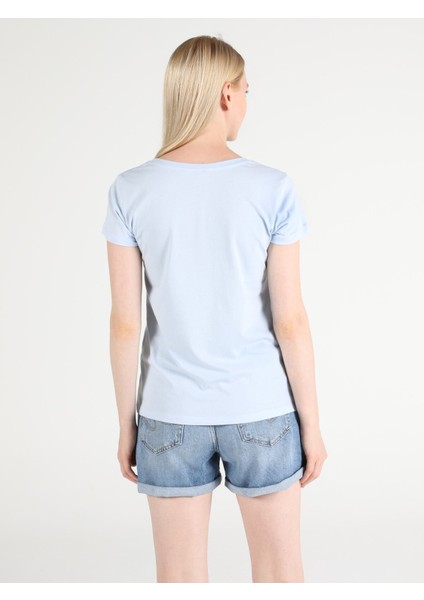 Regular Fit Bisiklet Yaka Örme Kadın Mavi Kısa Kol Tişört CL1051374 fiyatları