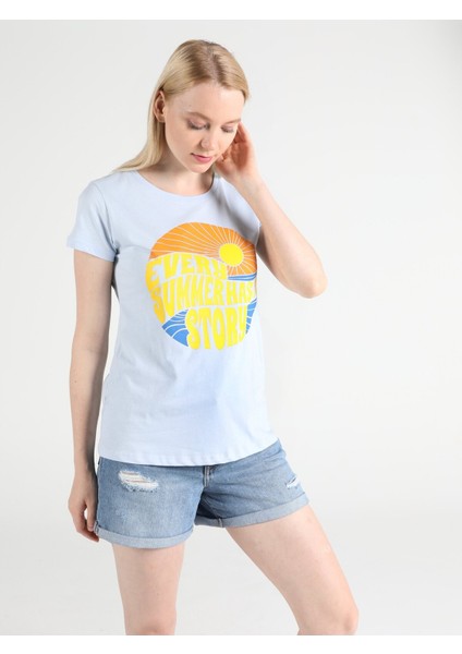 Regular Fit Bisiklet Yaka Örme Kadın Mavi Kısa Kol Tişört CL1051374 modelleri