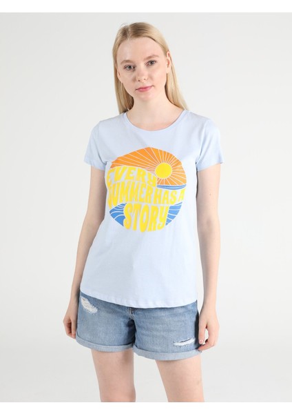 Regular Fit Bisiklet Yaka Örme Kadın Mavi Kısa Kol Tişört CL1051374 fırsatları