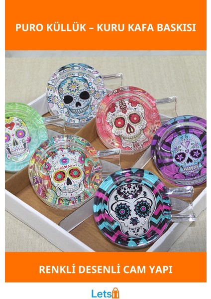 Şık Renkli Kuru Kafa Desenli Dayanıklı Cam Puro Küllüğü