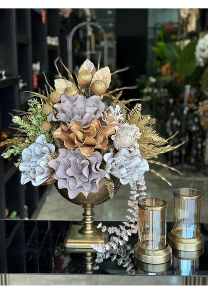 Yapay Çiçekli Antik Kare Ayak Vazo 3 Parça Set No:7