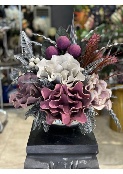 Yapay Çiçek Aranjmanlı Gümüş Yassı Vazo No:18