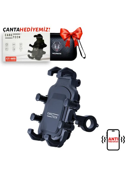 CT-M10 Telefon Tutucu Titreşim Önleyici Motosiklet Gidon Ayna Montajlı 8 Pençeli Sabitleme Siyah