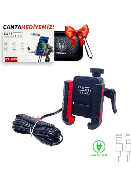 CT-M03 Telefon Tutucu Hızlı Şarj Gidon Ayna Montajlı Motosiklet Type-C Üniversal