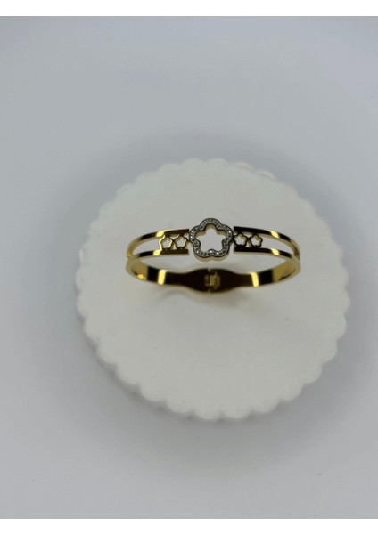 Büyük ve Küçük Taşlı Çiçekli Gold Kelepçe