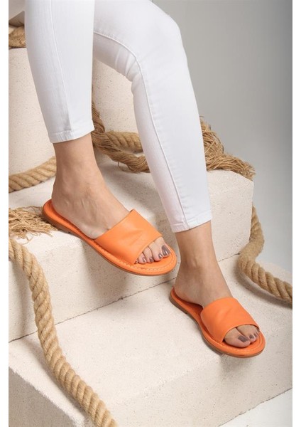 141759 Günlük Düz Terlik Hakiki Deri Turuncu