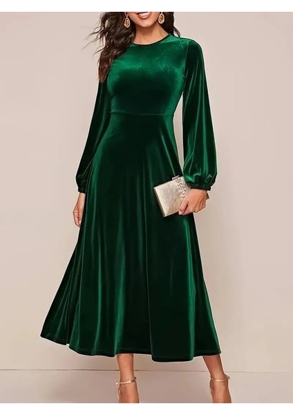 Kadın Uzun Kollu Bisiklet Yaka Midi Kadife Elbise