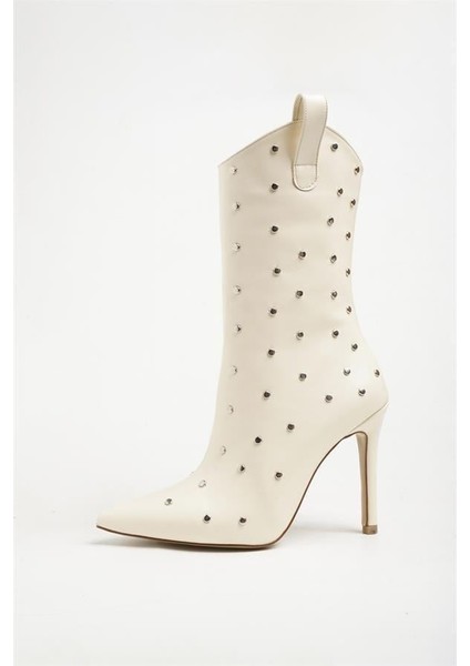 251412 Taş Detaylı Topuklu Bot Bej Kırışık Rugan