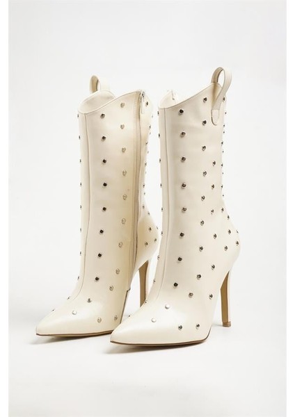 251412 Taş Detaylı Topuklu Bot Bej Kırışık Rugan fiyatları