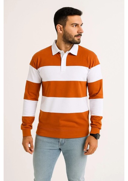 Erkek Polo Yaka Uzun Kollu Çizgili Sweatshirt Trend Rugby Stil - Turuncu