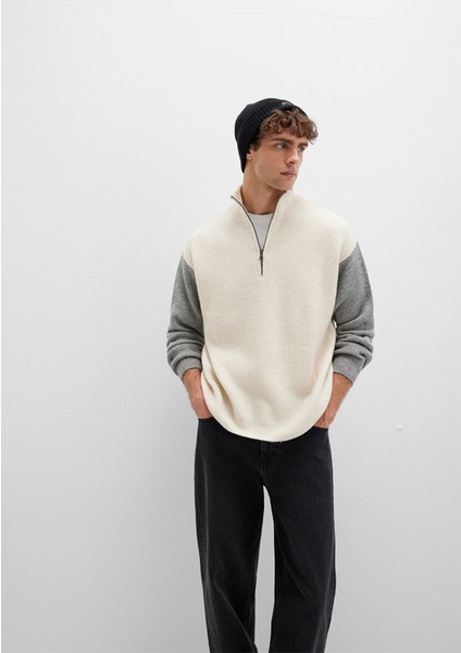 Yarı Fermuarlı Dik Yaka Ekru Kazak 0710263-70057