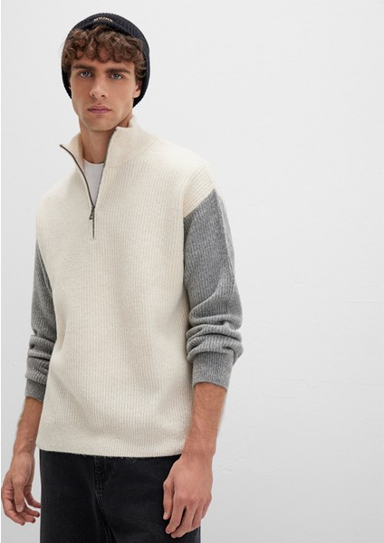 Yarı Fermuarlı Dik Yaka Ekru Kazak 0710263-70057