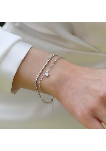 Çift Zincirli Kalpli Gümüş Bileklik