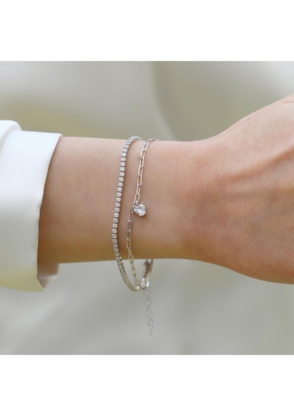 Çift Zincirli Kalpli Gümüş Bileklik modelleri
