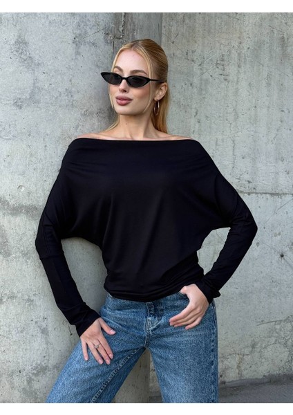Yarasa Kol Geniş Yaka Siyah Bluz Bol Kesim Likralı Kumaş Düşük Omuz Üst modelleri
