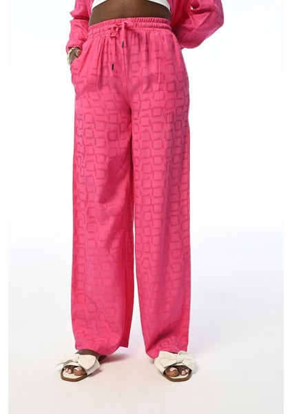Kadın Rahat Kalıp Bol Paça Geometrik Desenli Fuşya Pantolon