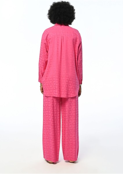 Kadın Rahat Kalıp Bol Paça Geometrik Desenli Fuşya Pantolon modelleri