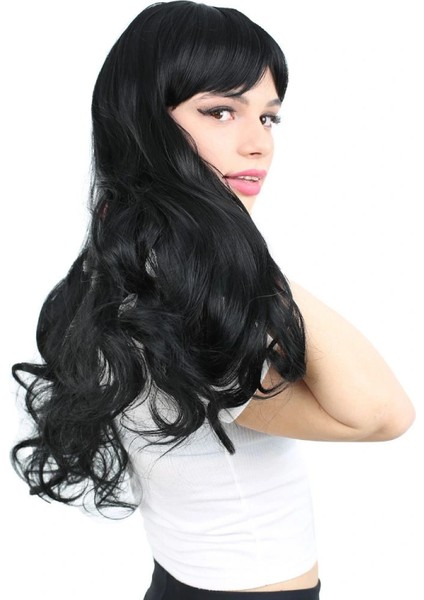 Kahküllü Uzun Dalgalı Fiber Sentetik Peruk - Siyah modelleri