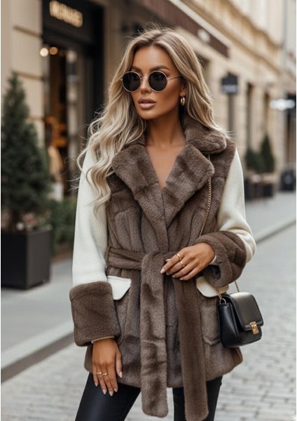 Triko Kollu Kürklü Kuşaklı Kruvaze Yaka Kürklü Ceket indirimleri