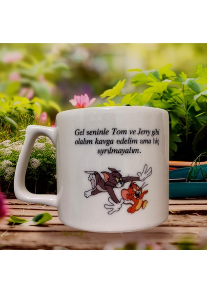 Espirili Kupa Çift Taraf Baskılı Kupa- Seramik Çay, Kahve Hediyelik Bardağı Krem Lüks