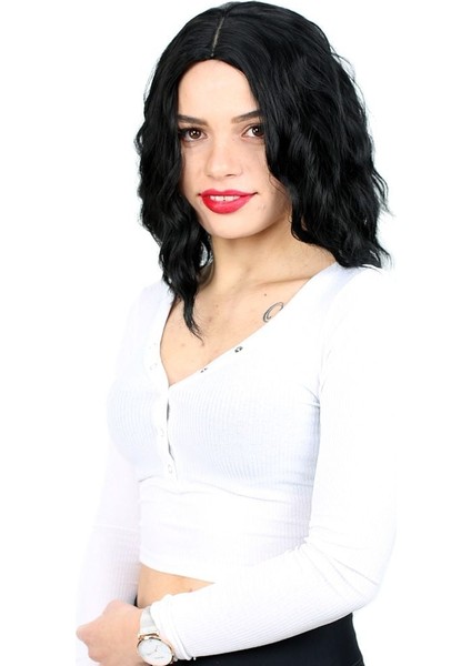 Fiber Sentetik Kısa Dalgalı Perçemsiz Peruk / Siyah modelleri