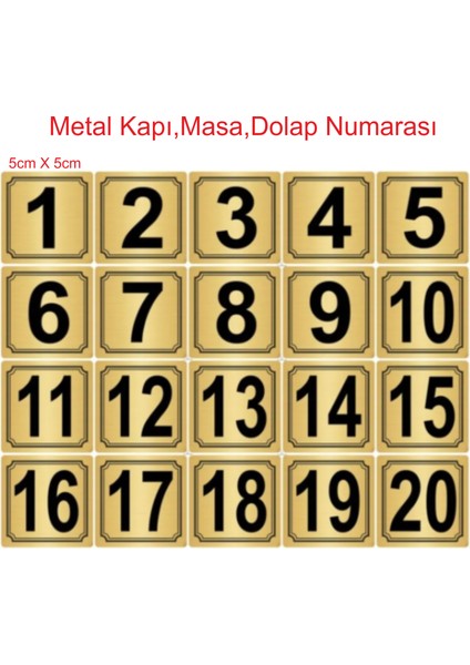 Metal Kapı,Masa,Dolap Numarası 5cmx5cm 20 Adet (1..20) Altın Renk Metal 001
