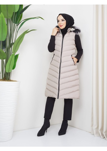 Kmk Kombin Kadın Uzun Önü Fermuarlı Kapişonlu Şişme Yelek